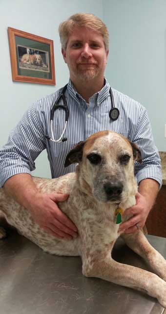 Dr. Eric Alexander with Dog in Examination Room